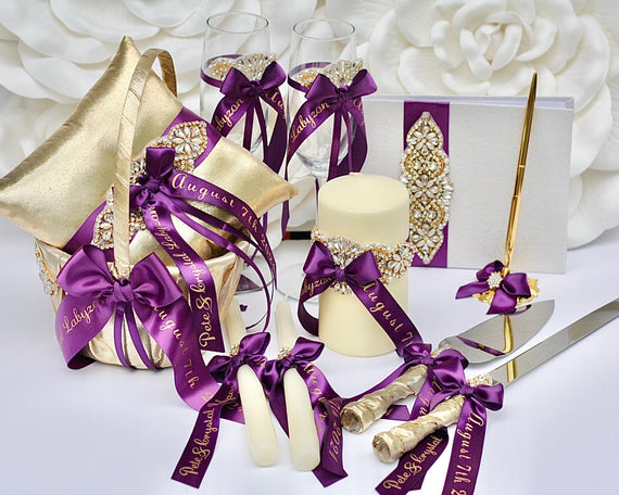 Plum Wedding Accessories Personalized, Flower Girl Basket and Ring Bearer Pillow Set Gold Wedding Decor Guest Book with Pen Champagne Flutes
