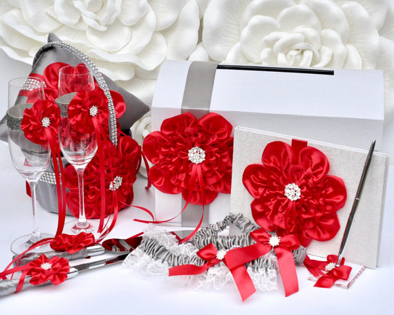 Gray Red Wedding Accessories, Red Flower Girl Basket and Ring Bearer Pillow Set, Red Champagne glasses, Red Cake Server, Red Guest Book Pen