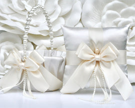 Flower Girl Basket and Ring Bearer Pillow Ivory Wedding Decor, Ivory Pearl Basket Pillow set