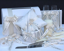 Ivory Flower Girl Basket, Ring Bearer Pillow, Guest Book and Pen, Wedding Card Box, Bridal Garter Set, Unity Candle Set, Cake Serving Set