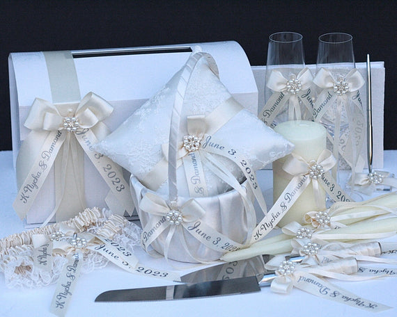Ivory Flower Girl Basket, Ring Bearer Pillow, Guest Book and Pen, Wedding Card Box, Bridal Garter Set, Unity Candle Set, Cake Serving Set