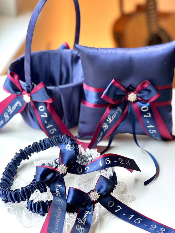 Flower Girl Basket and Ring Bearer Pillow in Navy Burgundy Ring Pillow, Navy Blue Wedding Basket Pillow Set, Navy Bridal Garter set