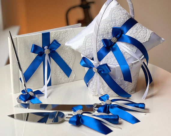 Flower Girl Basket and Ring Bearer Pillow Set, Wedding Guest Book and Pen, Cake Serving Set in Royal Blue Cake Servers, Wedding Baskets