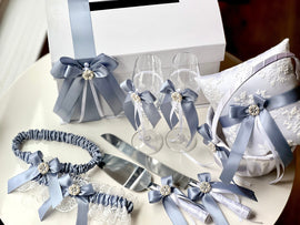Dusty Blue Wedding Accessories, Flower Girl Basket, Ring Bearer Pillow, Cake Serving Set, Bridal Garter Set, Champagne Glasses, Card Box