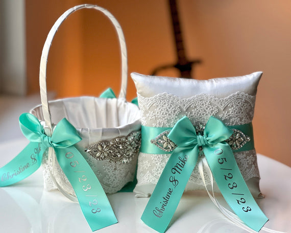 Spa Blue Flower Girl Basket and Ring Bearer Pillow Set, Spa Blue Wedding Basket Pillow Set, Personalized Wedding Accessories, Custom Wedding