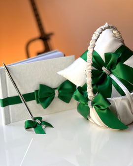 Emerald Wedding Flower Girl Basket, Ring Bearer Pillow, Guest Book with Pen, Cake Serving Set, Green Wedding Basket and Wedding Ring Pillow