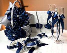 Flower Girl Basket and Ring Bearer Pillow Set Navy Blue Wedding Basket Ring Pillow Guest Book with Pen Bridal Garter Set Champagne Glasses