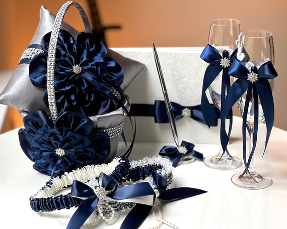 Flower Girl Basket and Ring Bearer Pillow Set Navy Blue Wedding Basket Ring Pillow Guest Book with Pen Bridal Garter Set Champagne Glasses