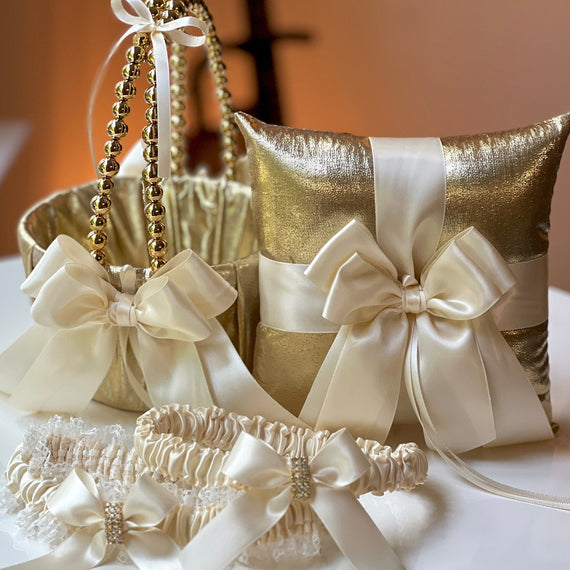 Flower Girl Basket and Ring Bearer Pillow Set Ivory Gold Wedding Basket Gold Ring Pillow Ivory Bridal Garter Set, Gold Wedding Garter Set