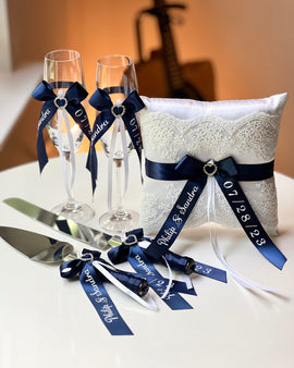 Personalized Ring Bearer Pillow, Cake Serving Set and Champagne Glasses Flutes Navy Blue Wedding Ring Pillow, Blue Wedding Cake Cutters