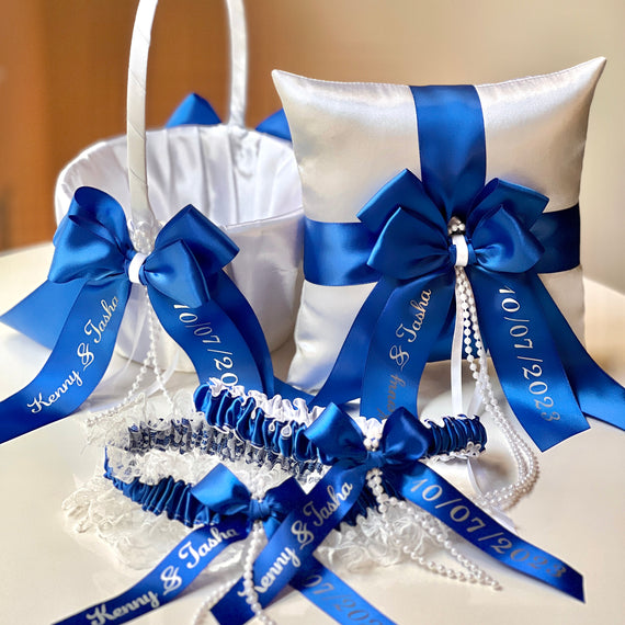 Royal Blue Flower Girl basket and ring bearer pillow set, bridal garter set
