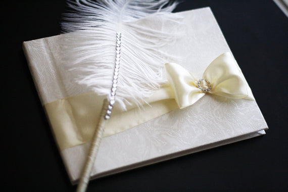 Ivory Wedding Guest Book with Ostrich Feather Pen \ Ivory Sign in Wedding Journal \ Wedding Wishes Book \ Ivory Reception Book with Pen