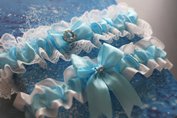 Sky Blue Wedding Bridal Garters Set \ Lace Wedding Garter Belt \ Lace Bridal Accessories \ Bridal Keepsake Garter \ Something Blue New