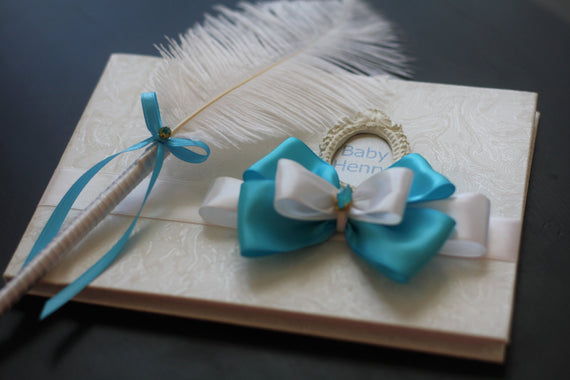 Turquoise and White Baby Shower Memory Book and Ostrich Feather Pen \ It&#39;s a Boy Guest Sign in Book \ Blue Guest Book \ Baby Shower Gift