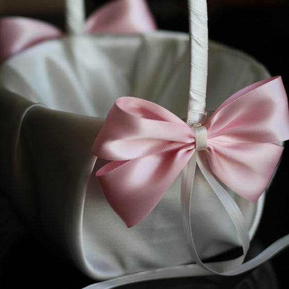 Pink Flower Girl Basket \ Ivory Pink Wedding Basket with Pink Bow \ Wedding Pink Basket \ Ivory Pink Basket / Ivory satin basket pillow set