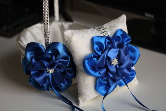 Cobalt Flower Girl Basket \ Royal Ring Bearer Pillow \ Royal Blue Wedding Basket \ Blue Wedding Pillow Basket Set \ Royal Blue Bearer Pillow