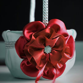 Red Wedding Basket \ Ivory Satin Wedding Flower Girl Basket with Red Satin Flower and Brooch \ Wedding Ceremony Red Basket for Flowergirl