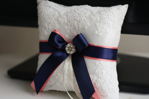 Navy Ring Bearer Pillow \ Coral Wedding pillow + Flower Girl Basket \ Lace Wedding Basket \ coral Lace bearer pillow \ Coral ring bearer