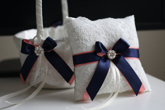 Navy Wedding Basket, Coral Ring Bearer Pillow, Coral Wedding Pillow, wedding accessories, Coral Flower Girl Basket, Coral Navy Bearer Pillow