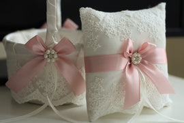 Blush Flower Girl Basket, Pink Ring bearer Pillow, Blush Pink Bearer, Lace Wedding Pillow, Pink wedding Basket Pillow set, Ivory Ring Bearer