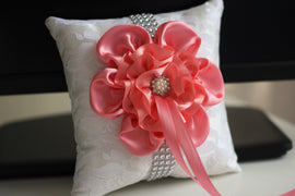 Coral Ring Bearer Pillow \ Coral Wedding Pillow \ Coral Flower Girl Basket \ Lace Wedding Pillow with Lace \ Coral Wedding Basket Pillow Set