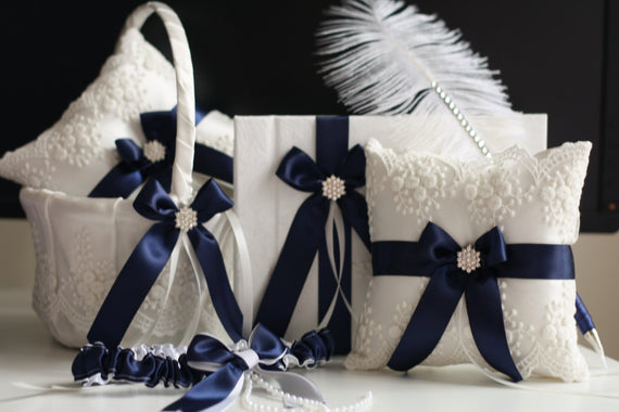Navy Ring Bearer, Navy Flower Girl Basket, Navy Bearer Pillow, Navy Guest Book with Pen Navy Blue Wedding Accessories Navy Bridal Garter Set