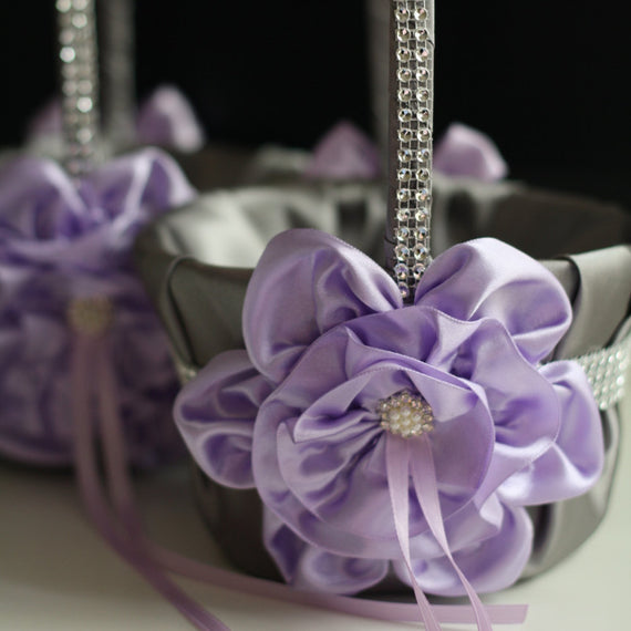 Lavender Wedding Basket & Lavender Bearer Pillow \ Lilac Flower Girl Basket + Wedding Ring Pillow \ Lilac Petals Basket + Gray Ring Holder