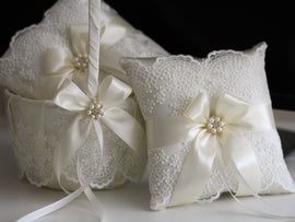 Ivory Flower Girl Basket and Ring Bearer Pillow Set, Ring Bearer Gift, Wedding Ring Bearer, Wedding Gift, Flower Girl Gift Ring Holder