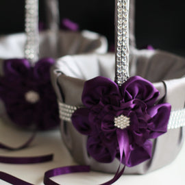 Gray and Plum Wedding Flower Girl Baskets \ Egg Plant and Gray Wedding Baskets \ Ceremony Petals Basket with brooch and Rhinestones Trim