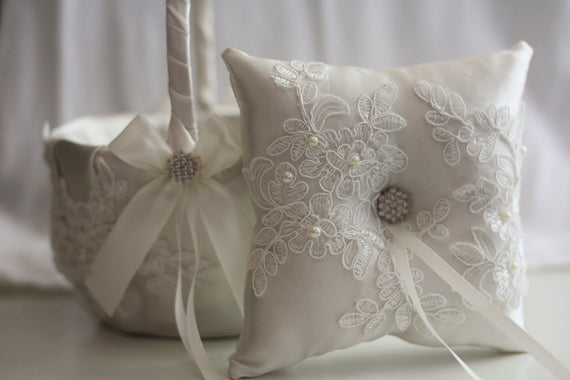 Off white Ring Bearer Pillow + Flower Girl Basket \ Lace Wedding Basket + Lace wedding pillow \ Lace Ring Bearer off-white basket pillow set