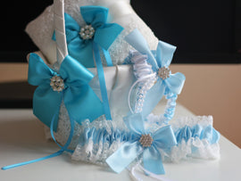 Turquoise Bearer Pillows / Blue Flower Girl Baskets / Blue Bridal Garters / Sky Blue Ring Bearer / Turquoise Baskets / Blue Garter Set